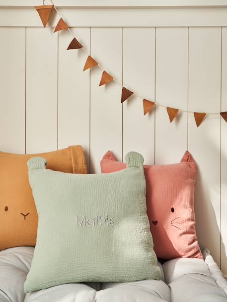 Coussin animal en gaze de coton personnalisable cannelle+rose+vert sauge - vertbaudet enfant 