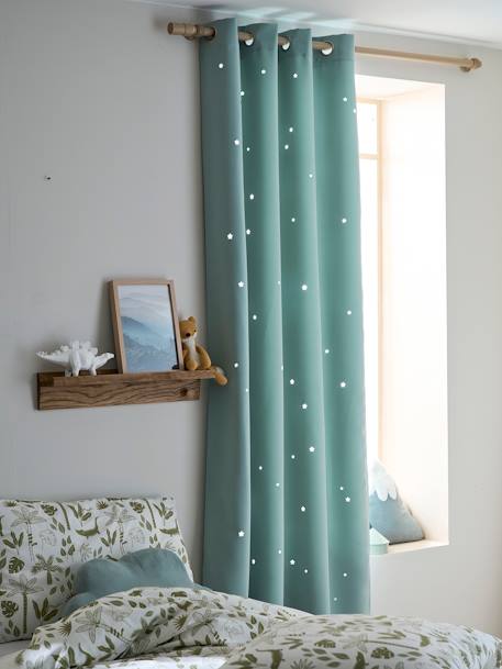 Rideau à oeillets occultant et motifs perforés MARINE+moutarde+rose poudré+vert moyen / étoiles+vert sauge - vertbaudet enfant 