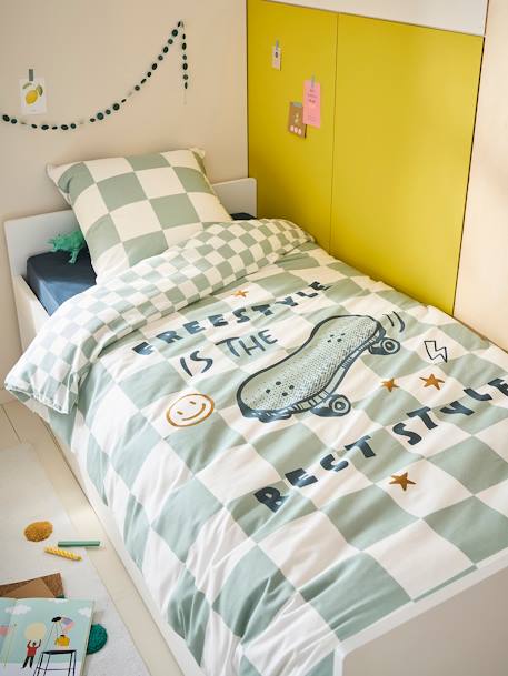 Duvet Cover + Pillowcase Set for Children chequered green - vertbaudet enfant 