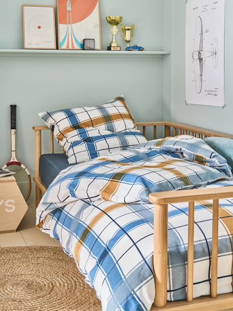 Parure housse de couette enfant et taie d'oreiller en flanelle RETRO WINTER, avec coton recyclé rayé marine - vertbaudet enfant 