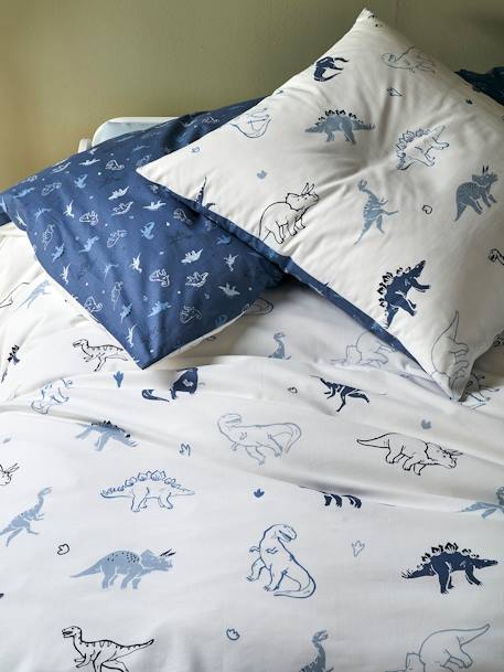Duvet Cover & Pillowcase Set for Children, Hello Dinos, Basics WHITE LIGHT ALL OVER PRINTED - vertbaudet enfant 