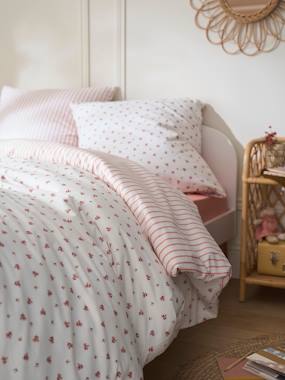 Linge de lit & Déco-Parure housse de couette et taie d'oreiller réversible FLEURS RAYURES, avec coton recyclé