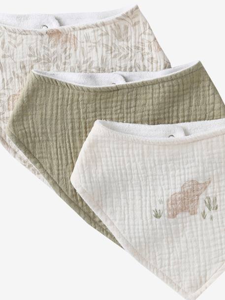 Lot 3 bavoirs bandanas en gaze de coton beige imprimé+BLANC+bleu grisé+cappuccino+écru+lot beige+lot renard+lot vert panda+rose pâle+vert sauge - vertbaudet enfant 