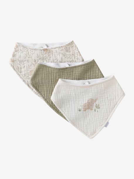 Lot 3 bavoirs bandanas en gaze de coton beige imprimé+BLANC+bleu grisé+cappuccino+écru+lot beige+lot renard+lot vert panda+rose pâle+vert sauge - vertbaudet enfant 