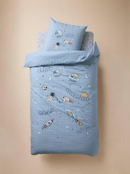 Duvet Cover + Pillowcase Set for Children, with Recycled Cotton Content, Planets printed blue - vertbaudet enfant 