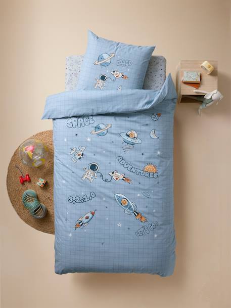 Duvet Cover + Pillowcase Set for Children, with Recycled Cotton Content, Planets printed blue - vertbaudet enfant 