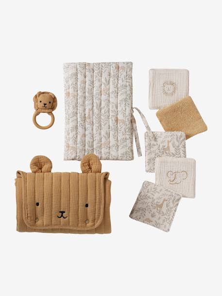 Coffret cadeau naissance 8 pièces : 1 hochet, 1 tapis à langer nomade, 5 lingettes, 1 pochette blanc imprimé+ocre+vert imprimé - vertbaudet enfant 