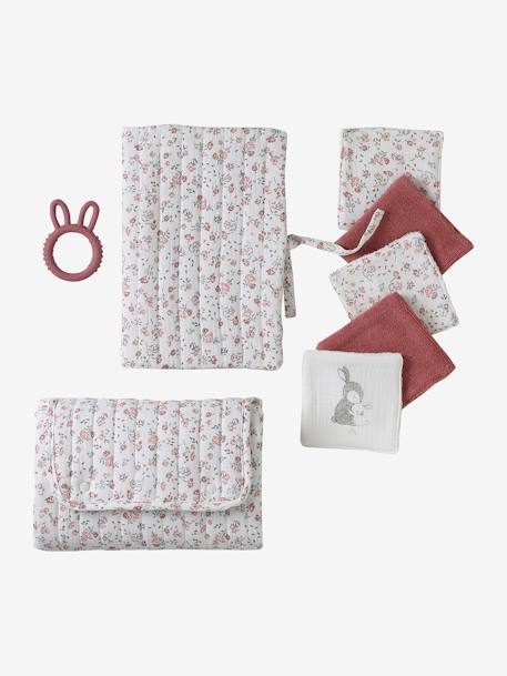 Coffret cadeau naissance 8 pièces : 1 hochet, 1 tapis à langer nomade, 5 lingettes, 1 pochette blanc imprimé+ocre+vert imprimé - vertbaudet enfant 