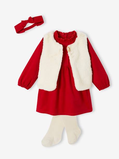 Christmas Special Ensemble: Dress, Faux Fur Waistcoat, Tights and Matching Headband for Girls red - vertbaudet enfant 