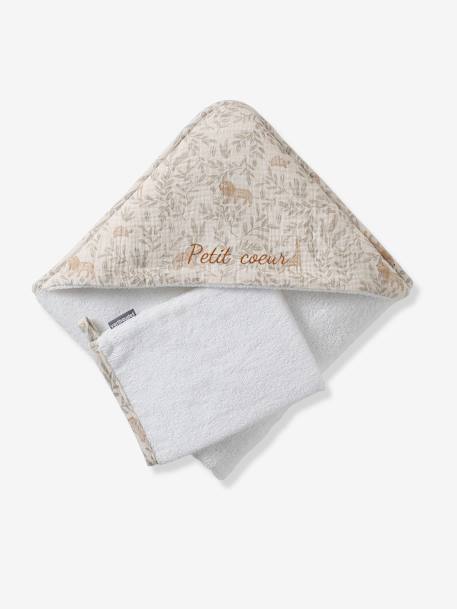 Cape de bain gaze de coton personnalisable + gant de toilette BABYLON beige imprimé - vertbaudet enfant 