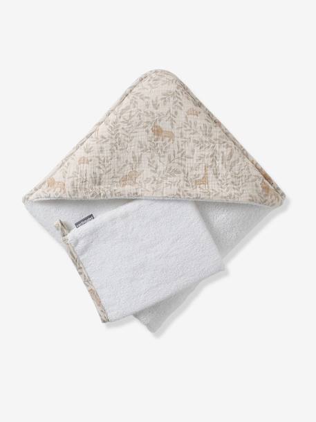 Cape de bain gaze de coton personnalisable + gant de toilette BABYLON beige imprimé - vertbaudet enfant 