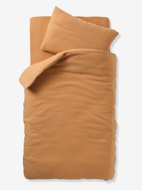 Plain Duvet Cover + Pillowcase Set in Organic Cotton* Gauze for Babies ochre+sage green+vanilla - vertbaudet enfant 