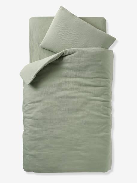 Plain Duvet Cover + Pillowcase Set in Organic Cotton* Gauze for Babies ochre+sage green+vanilla - vertbaudet enfant 
