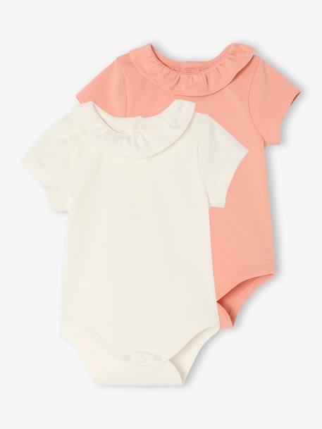 Lot de 2 bodies bébé naissance col fantaisie manches courtes corail+vert sauge - vertbaudet enfant 