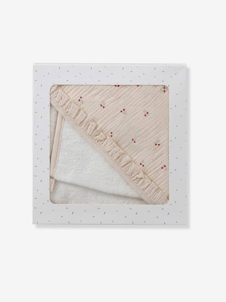 Hooded towel + washcloth CHERRY printed beige - vertbaudet enfant 