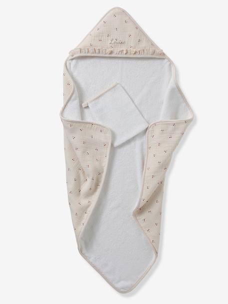 Hooded towel + washcloth CHERRY printed beige - vertbaudet enfant 