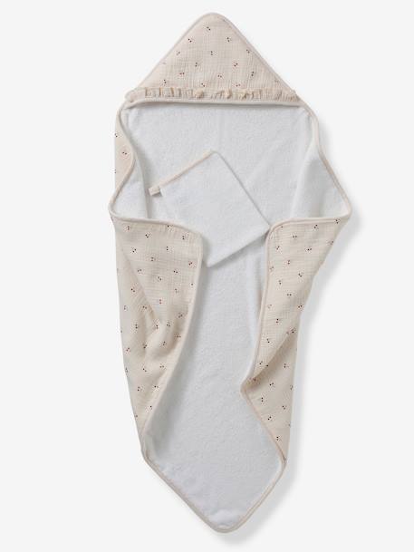 Hooded towel + washcloth CHERRY printed beige - vertbaudet enfant 
