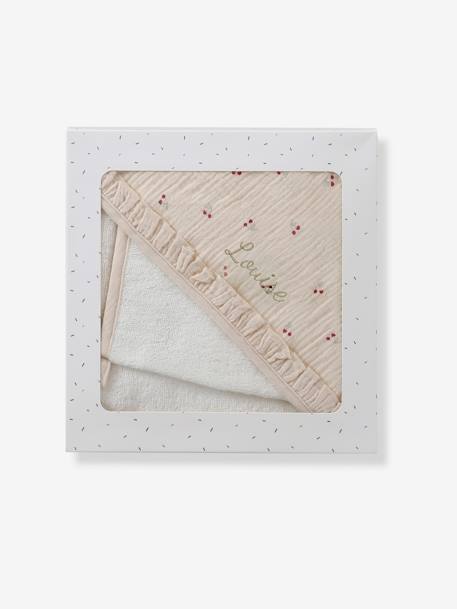 Cape de bain gaze de coton personnalisable + gant de toilette CHERRY beige imprimé - vertbaudet enfant 