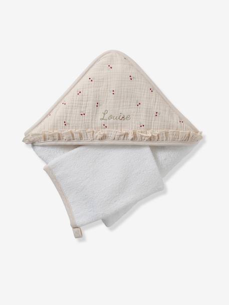 Hooded towel + washcloth CHERRY printed beige - vertbaudet enfant 