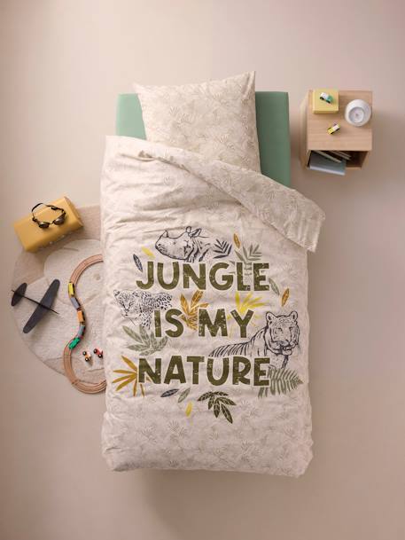 Parure housse de couette + taie oreiller enfant GREEN JUNGLE, avec coton recyclé vert imprimé - vertbaudet enfant 