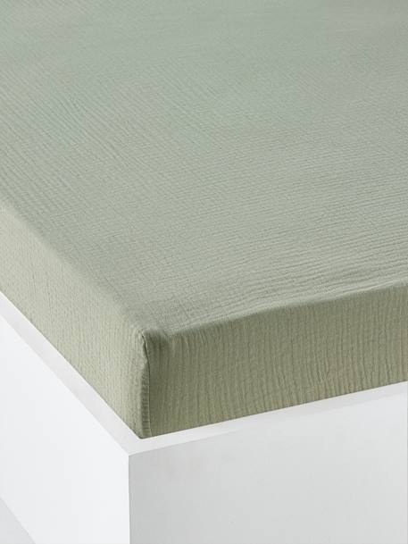 Plain Fitted Sheet in Organic Cotton* Gauze for Babies ochre+sage green+vanilla - vertbaudet enfant 