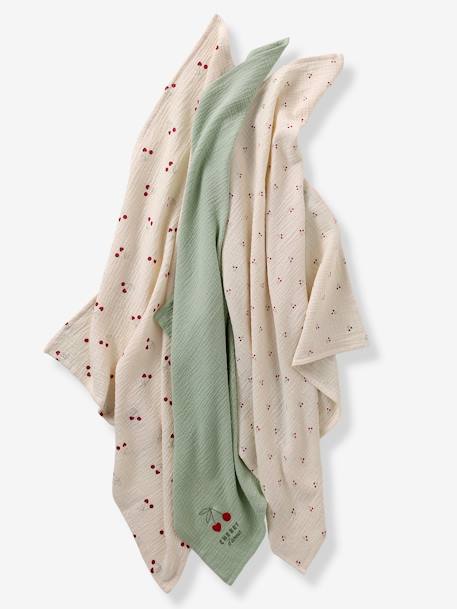Pack of 3 CHERRY muslin squares printed beige - vertbaudet enfant 