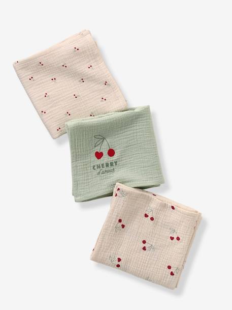Pack of 3 CHERRY muslin squares printed beige - vertbaudet enfant 