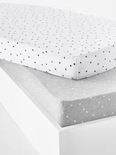 Set of 2 Baby Fitted Sheets in Stretch Jersey Knit, Star Print Light Grey/Print - vertbaudet enfant 
