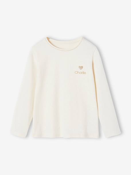 T-shirt fille coeur pailleté manches longues anthracite+corail+écru+rose poudré+vert émeraude - vertbaudet enfant 