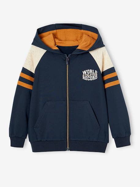 Sweat garçon zippé à capuche sport manches raglan marine+noix de pécan+vert - vertbaudet enfant 