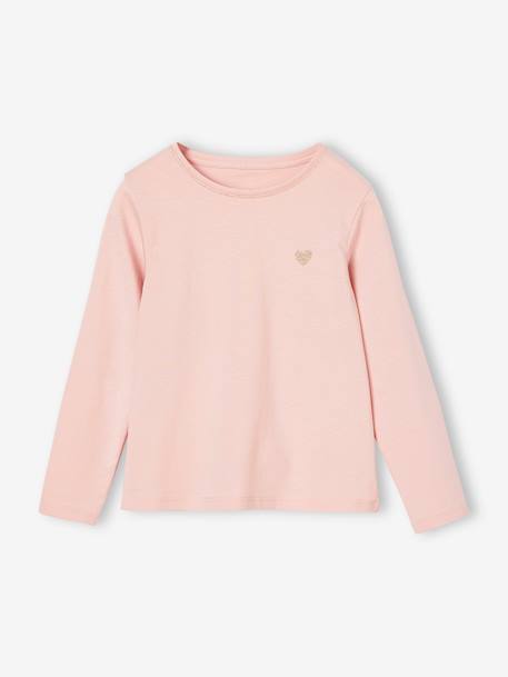 T-shirt fille coeur pailleté manches longues anthracite+corail+écru+rose poudré+vert émeraude - vertbaudet enfant 