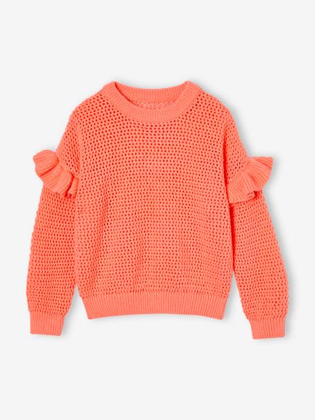 Ruffled Jumper in Fancy Knit for Girls coral+vanilla - vertbaudet enfant 