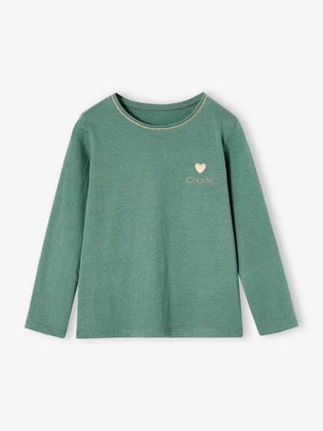 T-shirt fille coeur pailleté manches longues anthracite+corail+écru+rose poudré+vert émeraude - vertbaudet enfant 