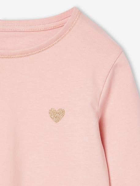 T-shirt fille coeur pailleté manches longues anthracite+corail+écru+rose poudré+vert émeraude - vertbaudet enfant 