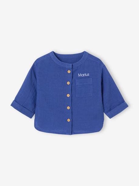 Chemise bébé col mao en gaze de coton personnalisable bleu électrique+écru+vert foncé - vertbaudet enfant 