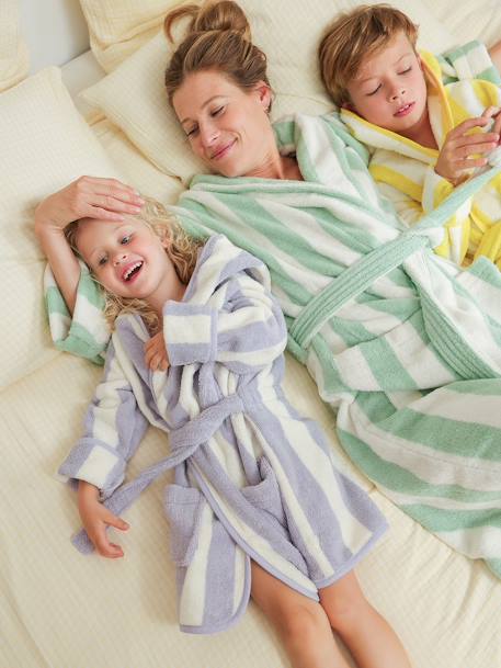Peignoir de bain adulte mixte rayures TRANSAT capsule famille personnalisable, avec coton recyclé rayé bleu+rayé vert - vertbaudet enfant 