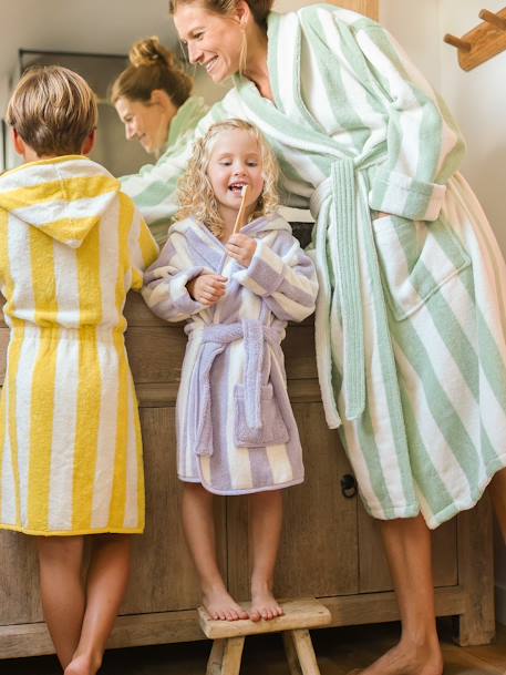 Peignoir de bain adulte mixte rayures TRANSAT capsule famille personnalisable, avec coton recyclé rayé bleu+rayé vert - vertbaudet enfant 
