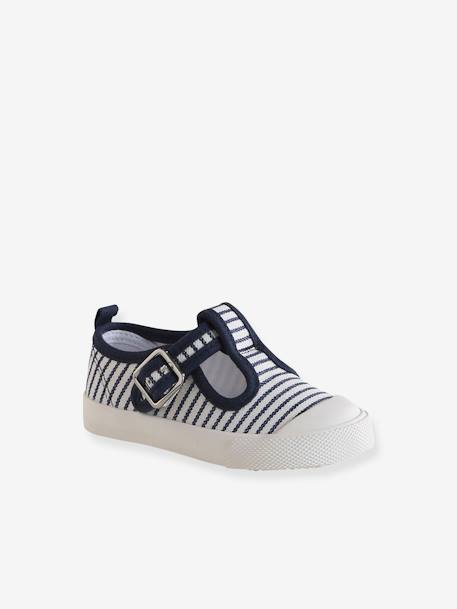 Mary Jane Shoes in Canvas for Babies striped blue - vertbaudet enfant 