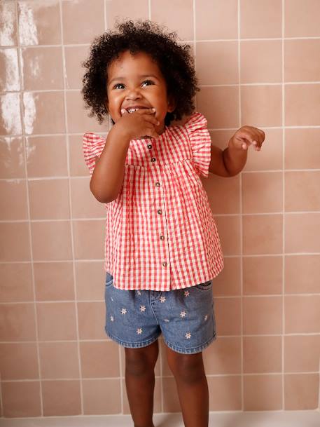 Short Sleeve Gingham Blouse with Frill in Seersucker for Babies chequered red - vertbaudet enfant 