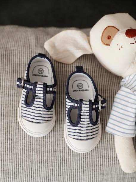 Mary Jane Shoes in Canvas for Babies striped blue - vertbaudet enfant 
