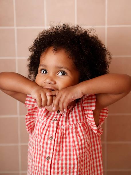 Short Sleeve Gingham Blouse with Frill in Seersucker for Babies chequered red - vertbaudet enfant 