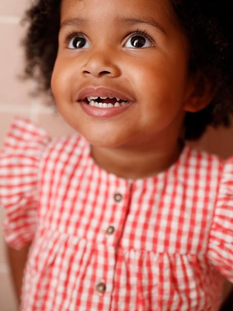 Short Sleeve Gingham Blouse with Frill in Seersucker for Babies chequered red - vertbaudet enfant 