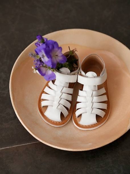 Sandales scratchées cuir bébé bout fermé blanc+lot rose - vertbaudet enfant 