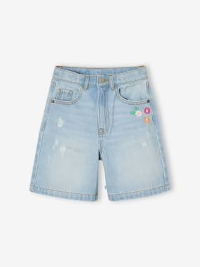 -Bermuda fille en jean brodé fleurs