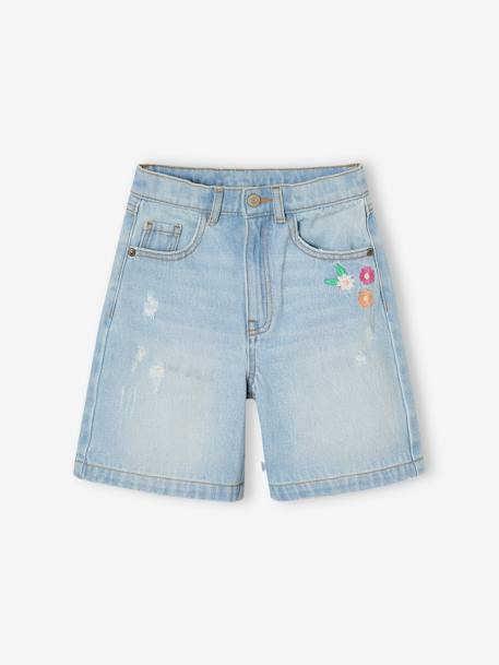 Bermuda fille en jean brodé fleurs bleu clair+bleu moyen - vertbaudet enfant 