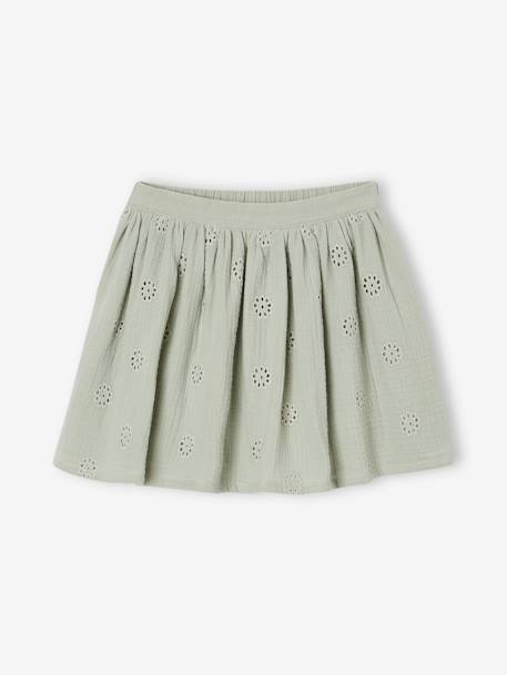Broderie Anglaise Skirt in Cotton Gauze for Girls sage green - vertbaudet enfant 