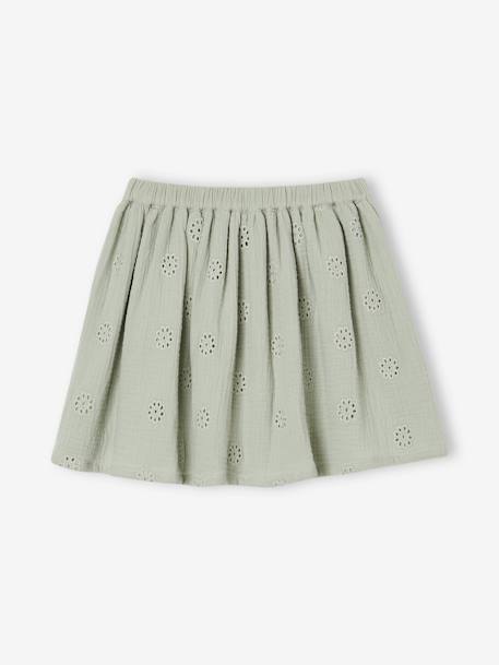 Broderie Anglaise Skirt in Cotton Gauze for Girls sage green - vertbaudet enfant 