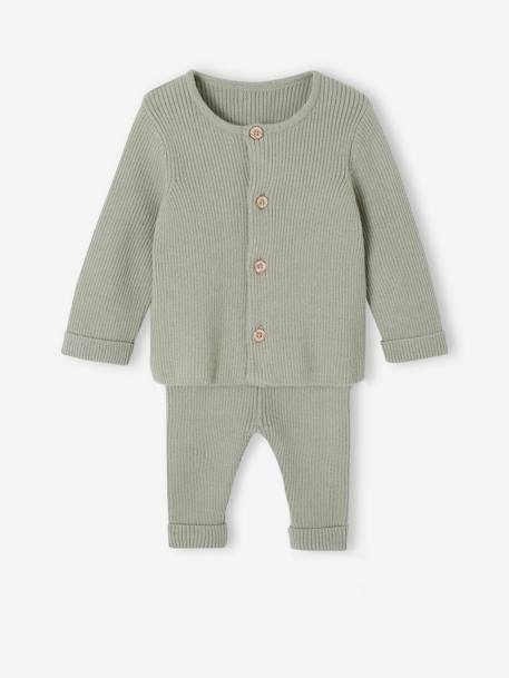 Ensemble bébé mixte gilet pantalon en tricot blanc+gris clair chiné+vert d'eau+vert sauge - vertbaudet enfant 