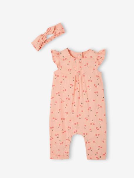 Ensemble bébé fille combinaison + bandeau imprimés rose imprimé+rose pâle+rose poudré+vert céladon imprimé - vertbaudet enfant 