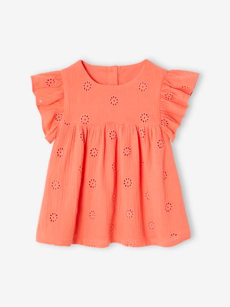 Embroidered Cotton Gauze Blouse for Girls coral+white - vertbaudet enfant 